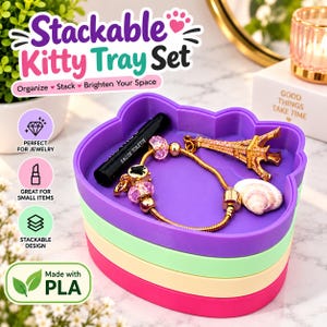 Kitty Ring Fat Set om 4, Stapelbar Prydnadsfat, Kawaii Smyckesfat