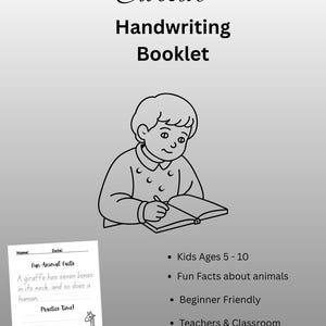 Puede incluir: Ilustración en blanco y negro de un cuaderno de escritura cursiva. La portada dice "Cursive Handwriting Booklet" con un dibujo de un niño escribiendo. Incluye datos curiosos sobre animales y es apto para principiantes de 5 a 10 años.