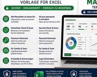 Passwort-Übersicht Excel | Logins, 2FA & Änderungsfristen dokumentieren | DE + EN