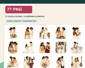 Lesbische Hochzeit Clipart PNG | 77 Aquarell-Grafiken mit zwei Bräuten für Einladung & Danksagung