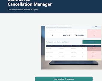Vertragsmanager Excel | Kündigungsfristen, Abos & laufende Kosten im Blick | 5 Sprachen