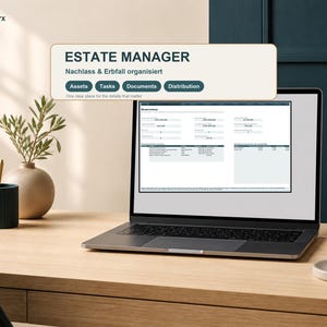 May include: A laptop displaying the Estate Manager software interface with tabs for Assets, Tasks, Documents, and Distribution. The screen shows financial overview data. The text reads TEMPLORYX, ESTATE MANAGER, Nachlass & Erbfall organisiert.