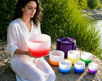 Handcrafted Gradient Quartz Crystal Singing Bowls – 432Hz Meditation Sound Healing Set