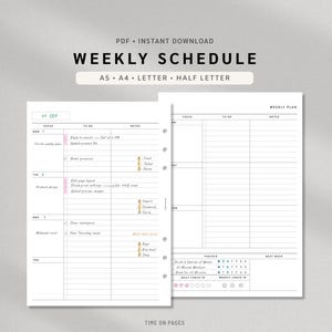 Puede incluir: Una plantilla de planificador semanal digital con dos páginas blancas con texto y líneas negras. El diseño incluye columnas para enfoque, listas de tareas y notas, con una sección de seguimiento de hábitos. Texto: WEEKLY SCHEDULE, A5, A4, LETTER, HALF LETTER, TIME ON PAGES.