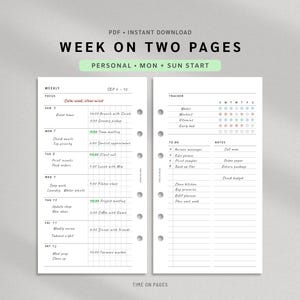 Può includere: Un inserto per agenda settimanale su due pagine con sei fori per raccoglitore sul lato sinistro. La pagina sinistra presenta un layout a griglia per la pianificazione giornaliera da domenica a sabato. La pagina destra include un tracker e note.