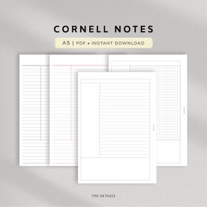 May include: A set of Cornell notes templates in A5 size, presented as a digital PDF. The pages feature white backgrounds with black or pink lines, including sections for cues, notes, and summaries. The text CORNELL NOTES A5 | PDF | INSTANT DOWNLOAD is visible at the top, and TIME ON PAGES is at the bottom.