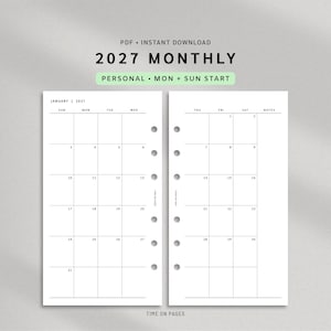 Op de afbeelding: Een maandelijkse planner-inzet voor 2027 met een witte achtergrond en zwarte tekst. De lay-out bevat een raster voor januari 2027, inclusief de dagen van de week, een notitiekolom en zes ronde perforatiegaten langs de binnenrand voor ringbanden.