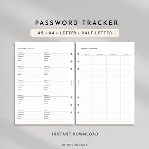 Afdrukbare wachtwoordtracker, wachtwoordlogboek, organizer (A5, A4, US Letter, Half Letter, PDF)