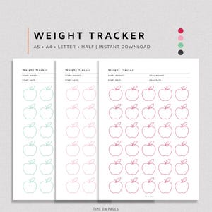 May include: A digital weight tracker printable featuring the text WEIGHT TRACKER, A5, A4, LETTER, HALF, INSTANT DOWNLOAD. The pages include fields for start weight, start date, goal weight, and goal date, decorated with rows of outlined apple icons.