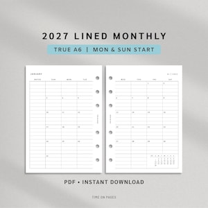Peut inclure: Un insert de calendrier mensuel ligné pour 2027 au format A6 avec six perforations pour classeur. La mise en page présente une vue sur deux pages pour janvier avec des colonnes pour les notes, les jours et un calendrier. Texte : 2027 LINED MONTHLY.