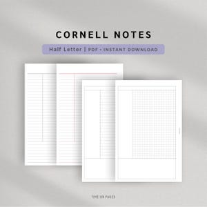 Puede incluir: Plantilla digital de notas Cornell en tamaño media carta. El documento presenta páginas blancas con líneas negras y diseños de cuadrícula para tomar notas organizadas. El texto superior dice CORNELL NOTES, Half Letter | PDF | INSTANT DOWNLOAD, TIME ON PAGES.
