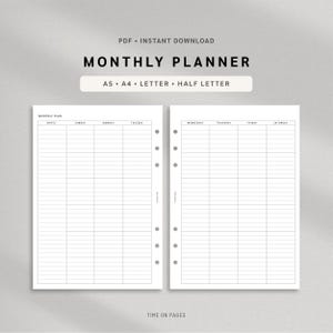 Puede incluir: Una plantilla de planificador mensual con dos páginas blancas que presentan líneas de cuadrícula negras, columnas para los días de la semana y una sección de notas. El texto dice PDF INSTANT DOWNLOAD, MONTHLY PLANNER, A5, A4, LETTER, HALF LETTER, TIME ON PAGES.