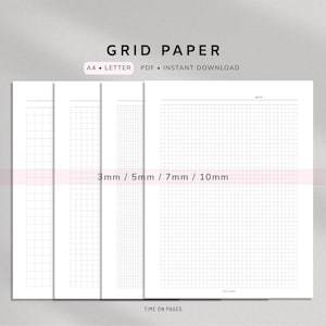 Könnte beinhalten: Vier Blätter weißes kariertes Papier mit dünnen schwarzen Linien und einem Datumsfeld am oberen Rand. Der Text GRID PAPER, A4, LETTER, PDF, INSTANT DOWNLOAD, 3mm / 5mm / 7mm / 10mm und TIME ON PAGES ist auf den digitalen Vorlagen zu sehen.