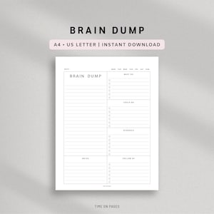 Può includere: Una pagina di pianificazione digitale bianca intitolata BRAIN DUMP con sezioni per MUST DO, COULD DO, SCHEDULE, FOLLOW UP e NOTES. Il layout include caselle di controllo, linee orizzontali e i giorni della settimana per organizzare le attività.