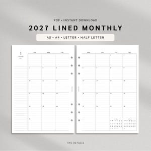 May include: A digital 2027 lined monthly planner template featuring two white pages with black text and grid lines. The layout includes a monthly calendar grid, a side notes section, and small reference calendars for December and February.