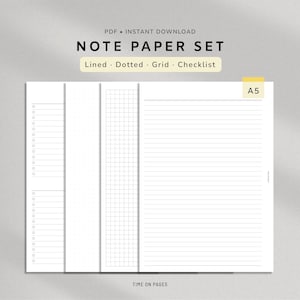 May include: A digital note paper set in A5 size featuring four distinct page layouts: lined, dotted, grid, and checklist. The text reads PDF INSTANT DOWNLOAD NOTE PAPER SET Lined Dotted Grid Checklist A5 and TIME ON PAGES at the bottom.