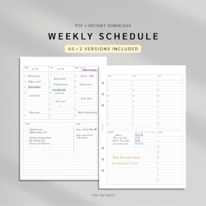 Peut inclure: Une page de planning hebdomadaire A5 imprimable avec une mise en page en grille et des créneaux horaires de 6 à 8 heures. Elle comprend des sections pour les tâches, les notes et le suivi des habitudes. Le texte indique Weekly Schedule, PDF, Instant Download, A5, 2 Versions Included, et Time on Pages.