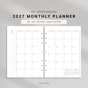 May include: A 2027 monthly planner digital template featuring a clean white layout with black text. The design includes a two-page spread with a grid calendar, a lined notes section, and small reference calendars for December and February.