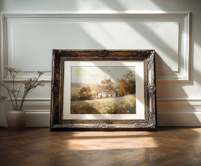 Old Rustic Cottage Landscape, Warm Tones, Peaceful Countryside Wall Art ...