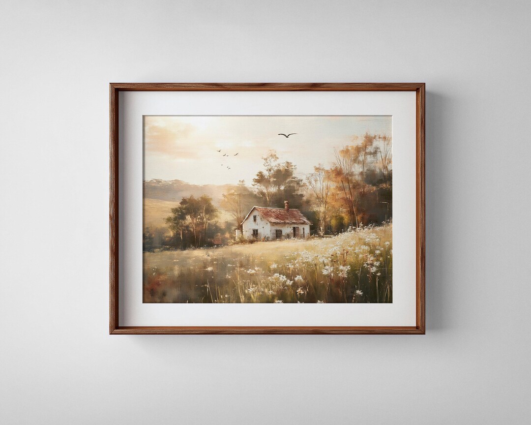 Old Rustic Cottage Landscape, Warm Tones, Peaceful Countryside Wall Art ...