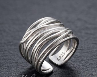 Sterling Silver Multi Layer Statement Ring, Adjustable Boho Band, Minimalist Style