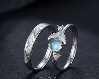 Glow in the Dark Moonstone 925 Silver Couple Rings, Promise Rings for Couples, Matching Bands