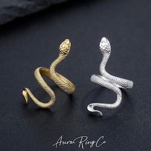 Può includere: Due anelli a forma di serpente, uno dorato e uno argentato, sono esposti su uno sfondo scuro. Gli anelli sono avvolti a forma di serpente, con squame dettagliate e teste sollevate. Gli anelli sono di Aura Ring Co.