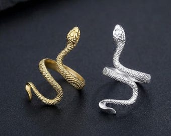 Adjustable Snake Ring, Open Snake Ring, Sterling Silver & Gold Spiral Ring, Snake Jewelry, Gift for Her