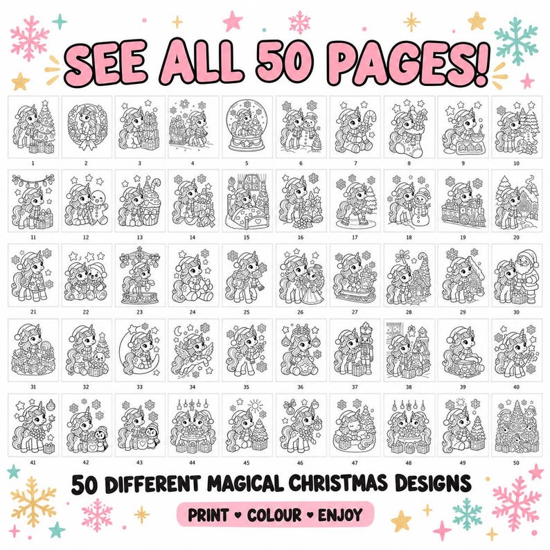 Christmas Unicorn Coloring Pages for Kids, 50 Printable Colouring ...