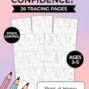 以下が含まれることがあります： 3歳から5歳向けの26枚の教育用なぞり書きページセット。AからZまでの文字、対応するイラスト、練習用の線が含まれています。ドキュメントには「SPARK WRITING CONFIDENCE」、「PENCIL CONTROL」、「Print at Home A4 Size」というテキストが記載されています。