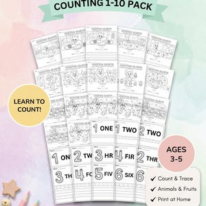 May include: A collection of printable educational worksheets for children featuring counting exercises with animals and fruits. The pages include text such as BUILD EARLY MATH SKILLS, COUNTING 1-10 PACK, LEARN TO COUNT, AGES 3-5, and INSTANT DOWNLOAD.