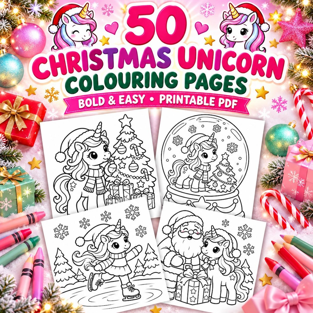 Christmas Unicorn Coloring Pages for Kids, 50 Printable Colouring ...