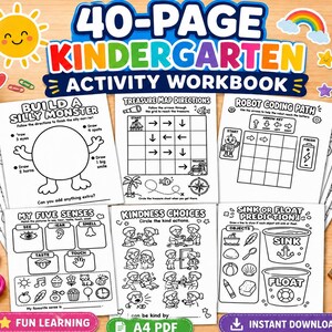Può includere: Un quaderno di attività per la scuola dell'infanzia di 40 pagine con fogli di lavoro in bianco e nero che includono esercizi educativi come Build a Silly Monster, Treasure Map Directions, Robot Coding Path, My Five Senses, Kindness Choices e Sink or Float Prediction.