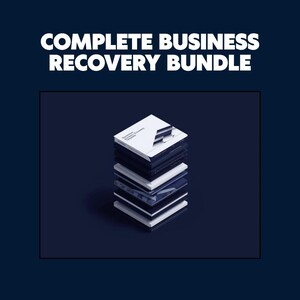 Puede incluir: Gráfico azul oscuro con el texto "BUSINESS RECOVERY" y "COMPLETE BUSINESS RECOVERY BUNDLE". Debajo, una pila de tarjetas cuadradas blancas y azul oscuro. La parte inferior de la imagen enumera "4 Demand Letters, Credit Application, Terms of Trade, Overdue Email Sequence, Dispute Response."