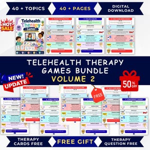 Può includere: Un pacchetto di download digitale intitolato Telehealth Therapy Games Volume 2, che comprende oltre 40 pagine e 40 argomenti. La raccolta include vari fogli di attività con sezioni per materiali, istruzioni di gioco, suggerimenti.