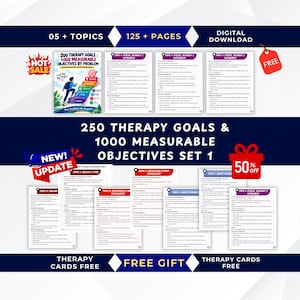 Könnte beinhalten: Ein digitaler Download-Satz mit 250 Therapiezielen und 1000 messbaren Zielen auf 125 Seiten und 5 Themen. Das Dokument enthält eine Titelseite mit der Aufschrift 200 Therapy Goals 1000 Measurable Objectives By Problem und mehrere Textseiten.