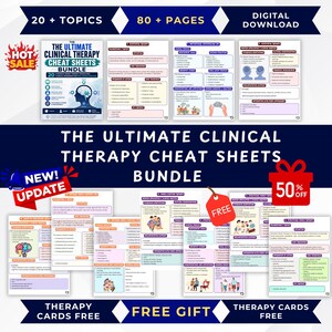 May include: A digital download bundle titled The Ultimate Clinical Therapy Cheat Sheets Bundle, featuring 80 pages across 20 topics. The collection includes various informational sheets with text, diagrams, and illustrations related to clinical therapy.