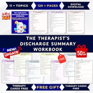 May include: The Therapist's Discharge Summary Workbook is a digital download featuring 120 pages across 11 topics. It includes professional clinical documentation templates, progress review tools, and a client termination planning guide for therapists.