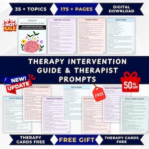 May include: A digital download therapy intervention guide and therapist prompts set featuring 35 plus topics and 175 plus pages. The collection includes various informational sheets with text, a brain illustration with flowers, and promotional labels.