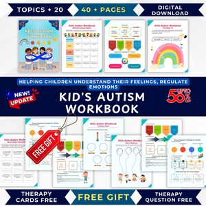 May include: A digital download of a Kid's Autism Workbook with 40+ pages. The cover features children and a rainbow. The workbook helps children understand their feelings and regulate emotions. Includes a free gift and therapy cards.