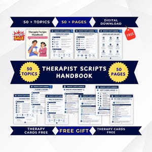 以下が含まれることがあります： 50のトピックと50ページで構成されるデジタル版Therapist Scripts Handbook。青と白のテキスト、見出し、アイコンが記載された複数の説明シートが含まれています。FREEと書かれた赤いタグとHOT SALEのアイコンが表示されています。