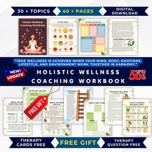 Può includere: Un quaderno di esercizi digitale per il coaching del benessere olistico con 40 pagine e 30 argomenti. Include sezioni su nutrizione, benessere mentale, emotivo e pianificazione dei pasti, con un'etichetta rossa con scritto FREE GIFT allegata.