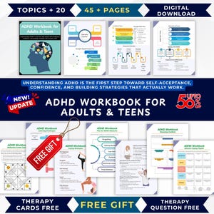 May include: Digital ADHD workbook for adults and teens, with over 45 pages and 20 topics. The cover shows a blue head silhouette with a brain graphic. Includes a free gift and therapy cards.