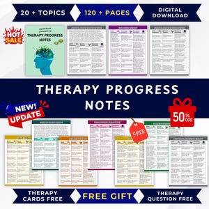 Peut inclure: Un téléchargement numérique de notes de progression en thérapie comprenant plus de 20 sujets et 120 pages. La collection inclut divers formulaires avec tableaux et texte, une couverture de guide avec une silhouette de tête bleue, et des étiquettes promotionnelles.