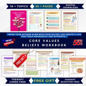 May include: A digital download workbook titled "Core Values Beliefs Workbook" with 10+ topics and 50+ pages. The cover is pink with a tree graphic. Includes free therapy cards and questions. The text reads "When your actions align with your values, you create a life that feels meaningful and authentic."