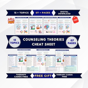 May include: A digital download set of counseling theories cheat sheets featuring 15 topics across 7 pages. The documents include text, colorful icons, and diagrams explaining therapeutic approaches like CBT and ACT, presented in a clear, organized layout.