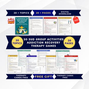 May include: A digital download set of 20 SUD group activities for addiction recovery therapy games, featuring 20 pages of printed content. The documents include facilitator guides, communication role-play exercises, and positive habit-building worksheets.