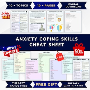 May include: A digital download set of anxiety coping skills cheat sheets and journals featuring over 10 pages of text-based mental health resources. The documents include lists, prompts, and diagrams with headings like Anxiety Coping Skills Cheat Sheet and Anxiety Journal, presented in a clean, organized layout.