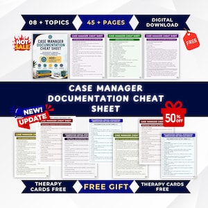 May include: A digital download set titled Case Manager Documentation Cheat Sheet featuring 45 pages across 08 topics. The collection includes various printed reference guides with text, bullet points, and headers, plus a free gift of therapy cards.