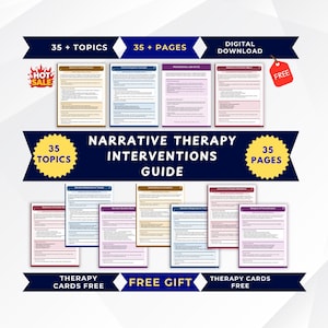 May include: A digital download guide titled Narrative Therapy Interventions Guide featuring 35 topics and 35 pages. The document includes multiple colorful pages with text, headers, and bullet points, organized in a grid layout with banners.